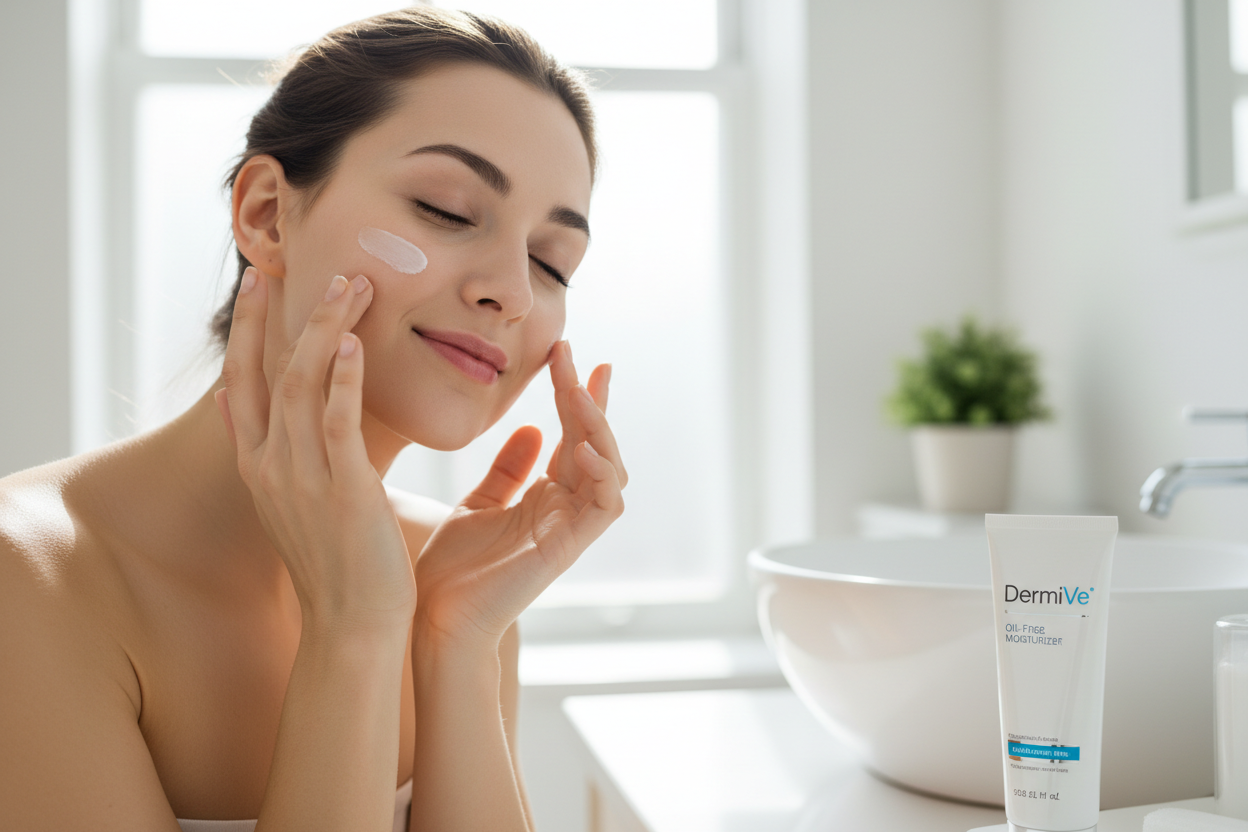 women applying  DermiVe oil free moisturizer on her face 